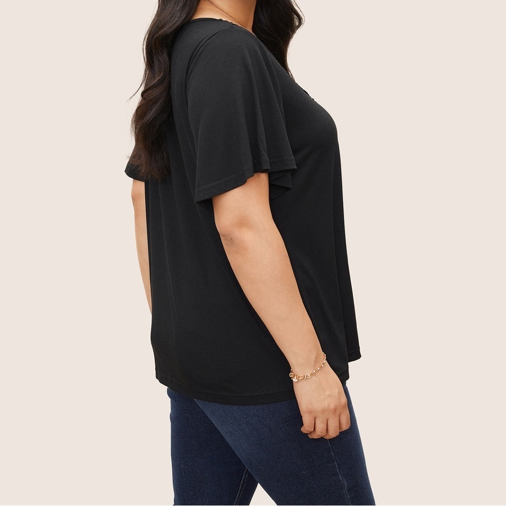 BloomChic Solid Ruffle Sleeve Lace V Neck Women's T-Shirt Black Size 30 NWT - Picture 3 of 10